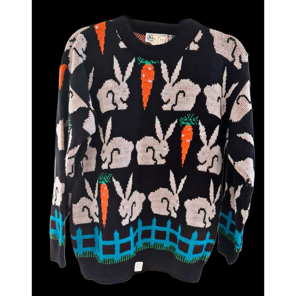 Vintage 90s Rabbit Sweater Carrot Bunny Novelty Cottagecore Easter USA Medium